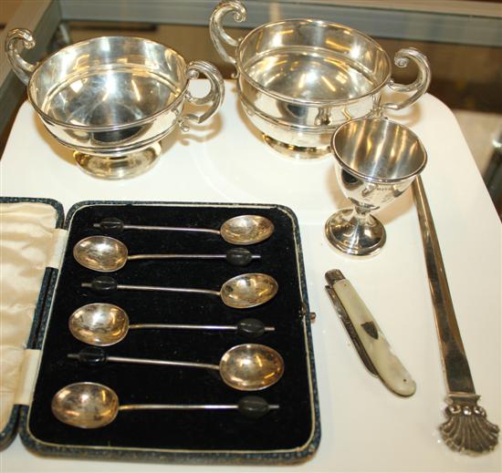 Pair of pedestal bowls, Irish letter opener, egg cup fruit knife and set of coffee spoons